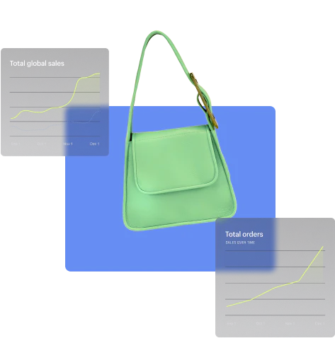 Luxuriöse Damenhandtasche und ein Diagramm das höhere weltweite Verkäufe und mehr Bestellungen insgesamt zeigt