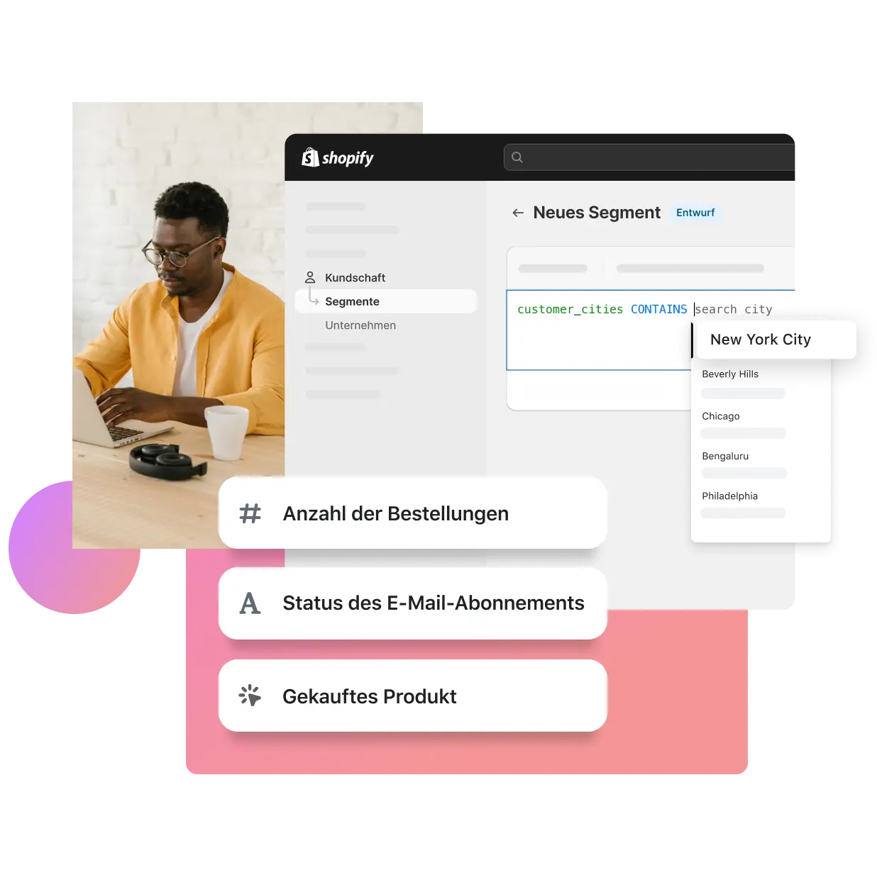 Im Bereich "Kundensegmente" im Shopify-Adminbereich werden Filter für verschiedene Segmente wie Standort, Anzahl der Bestellungen, E-Mail-Abonnementstatus und gekaufte Produkte angezeigt. Ein afroamerikanischer Händler mit einem gelben Hemd wird gezeigt, der auf einem Laptop tippt und effizient arbeitet.