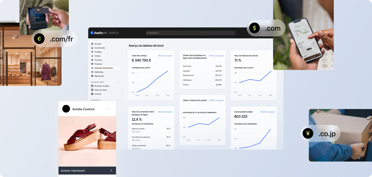 Interface administrateur Shopify Plus avec les données de vente internationales et locales