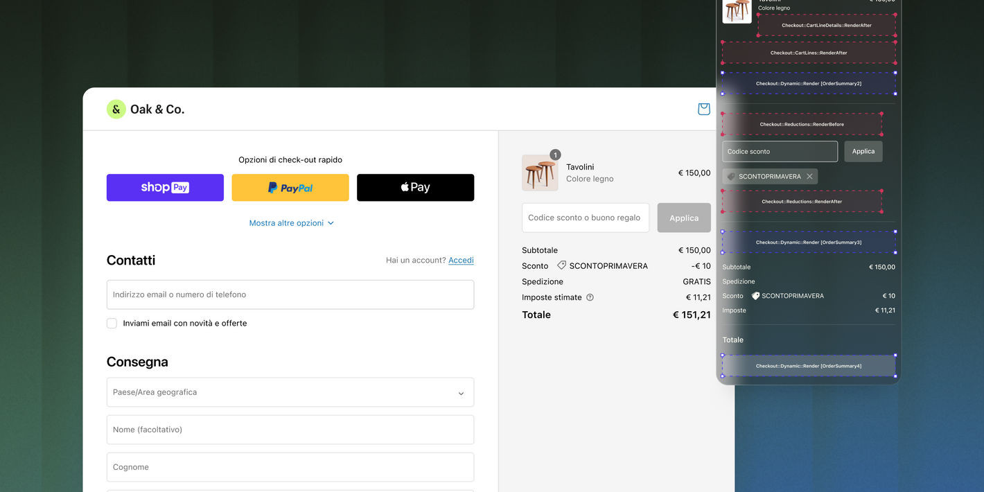 Schermata del check-out di Shopify accanto a un elemento di progettazione che mostra i contenuti modificabili
