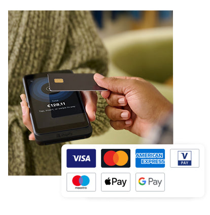 A customer makes a payment by tapping their credit card on POS Go. Above the image appear the logos for the following accepted payment types: VISA, MasterCard, American Express, VPay, Maestro, Apple Pay, and Google Pay.