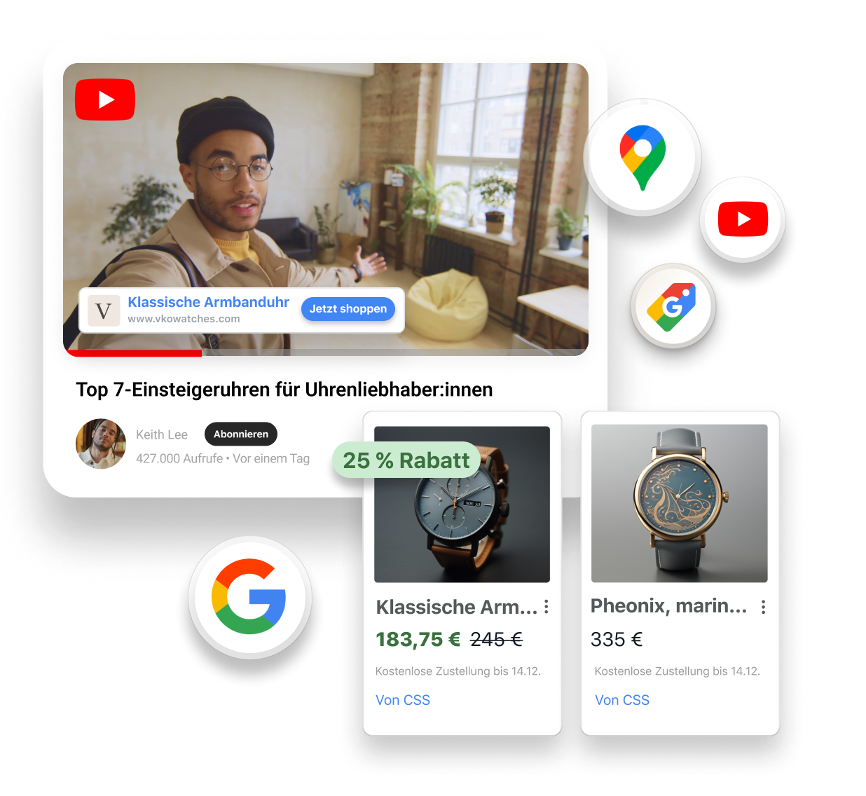 Ein Mann mit einer braunen Armbanduhr spricht in einem YouTube-Video direkt in die Kamera. Produktkacheln mit zwei Armbanduhren zum Verkauf sind als Overlay über dem Videofenster eingeblendet. Kleine Logos um das Fenster herum umfassen Google, Google Maps, Google Shopping und YouTube.