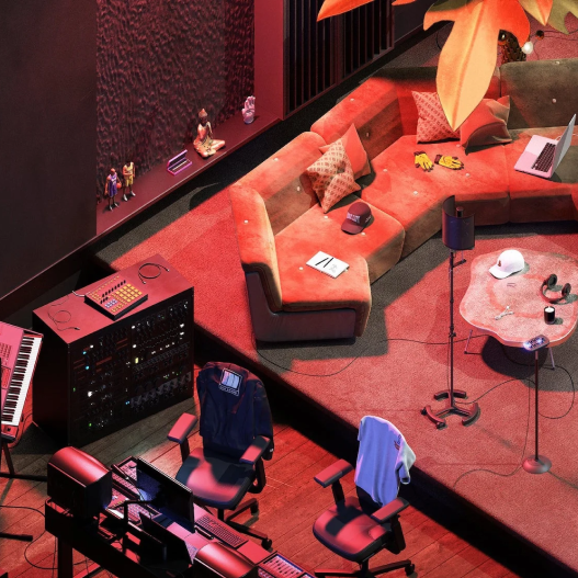 An artistic recreation of Drake’s iconic house in Toronto, dubbed 'The Embassy,' featuring a stylish living room with a red sectional sofa, music equipment, and various shoppable products displayed in different rooms of the immersive online store.