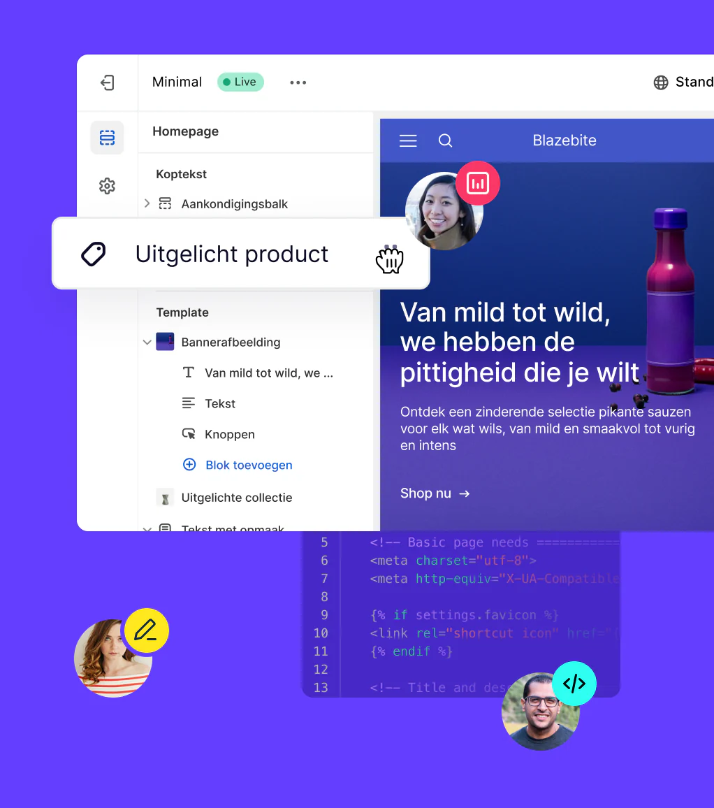 Meerdere samenwerkers die Liquid en de onlinewinkel-editor van Shopify gebruiken om samen een winkel te bouwen