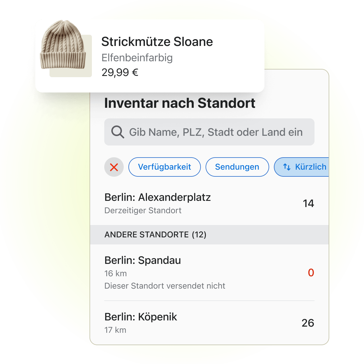 Ein kleiner Schnappschuss des Point-of-Sale-Kanals von Shopify aus dem Adminbereich, der die Inventarmengen an drei verschiedenen Shop-Standorten für ein Produkt namens "Strickmütze Sloane" anzeigt.