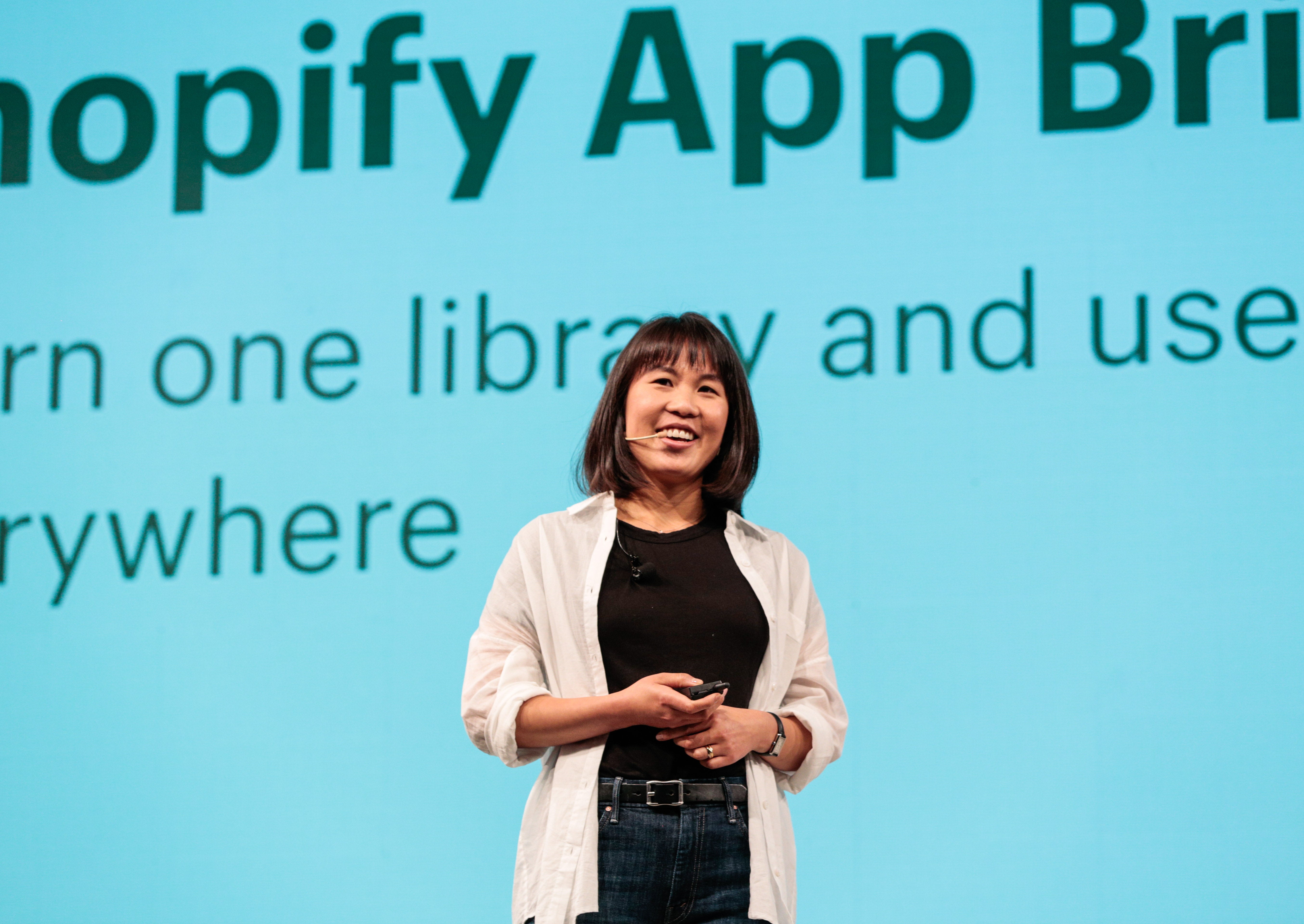 Vanessa Lee, Director of Product at Shopify, announces Shopify App Bridge and Shopify App CLI at the company’s annual partner conference, Shopify Unite, in Toronto, Canada on June 19, 2019.