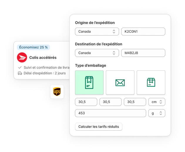 Illustration de la calculatrice de Shopify Shipping avec un bouton « Calculer les tarifs réduits ». Un colis fermé portant le logo Shopify au premier plan.