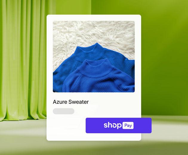 Panel de la aplicación Shop Pay para un suéter azul cerúleo.