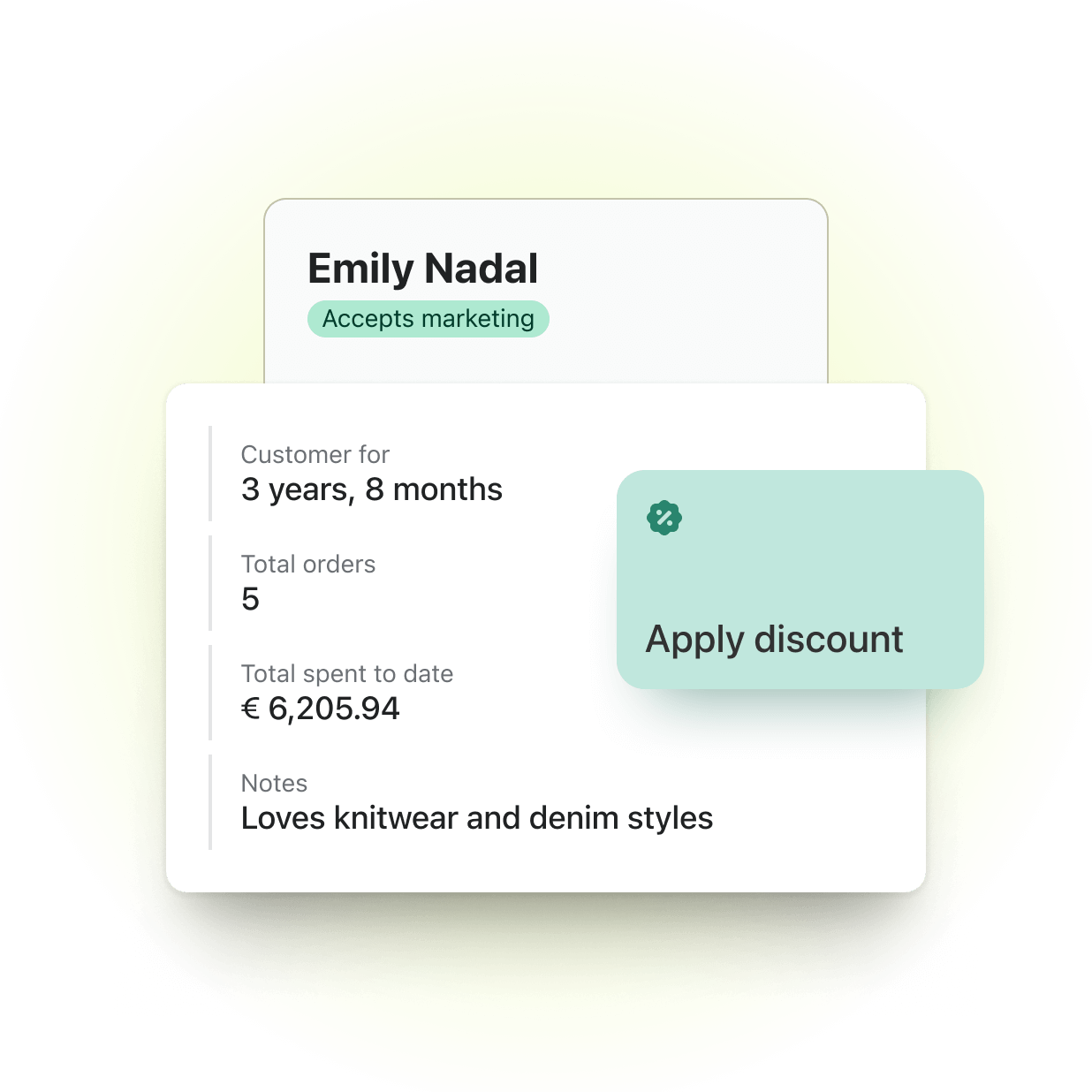A small snapshot of the Shopify Point of Sale channel from the admin displaying the custom notes and buying history of a customer named Emily Nadal.