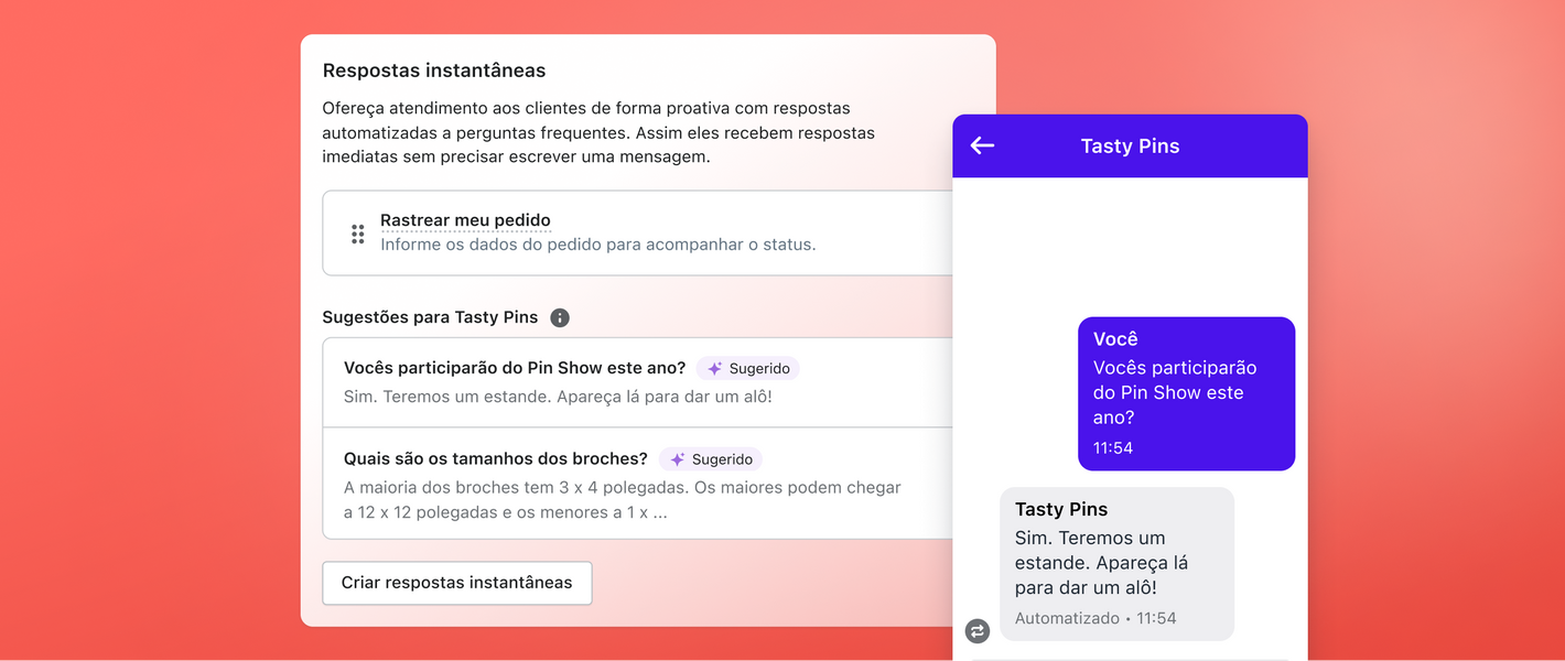 Interface de respostas instantâneas com sugestões de perguntas e respostas a dúvidas comuns. A janela de um chat à direita mostra a prévia de uma das sugestões.