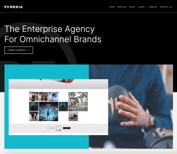 Imagem do website da P3 com o título "The Enterprise Agency for Omnichannel Brands" (A agência para marcas omnicanal) e algumas miniaturas do respetivo trabalho.