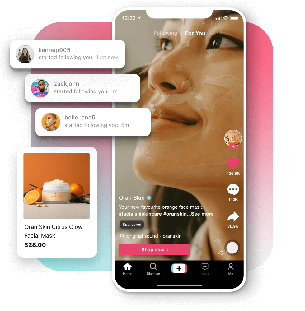 A young female smiling while applying a facial mask with a brush in a TikTok video. An interface shows followers engaging with the TikTok video and following the young woman. A product card featuring the facial mask.