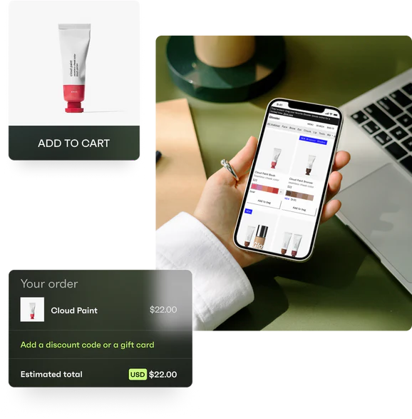 Collage of images showing various consumer products and screens from Shopify’s interface