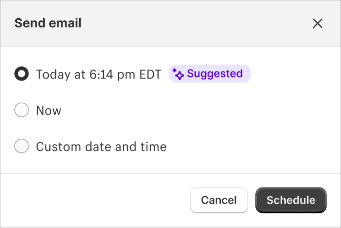 Shopify Magic pop-up window suggesting the best time to send email with more options to send now or enter customized time