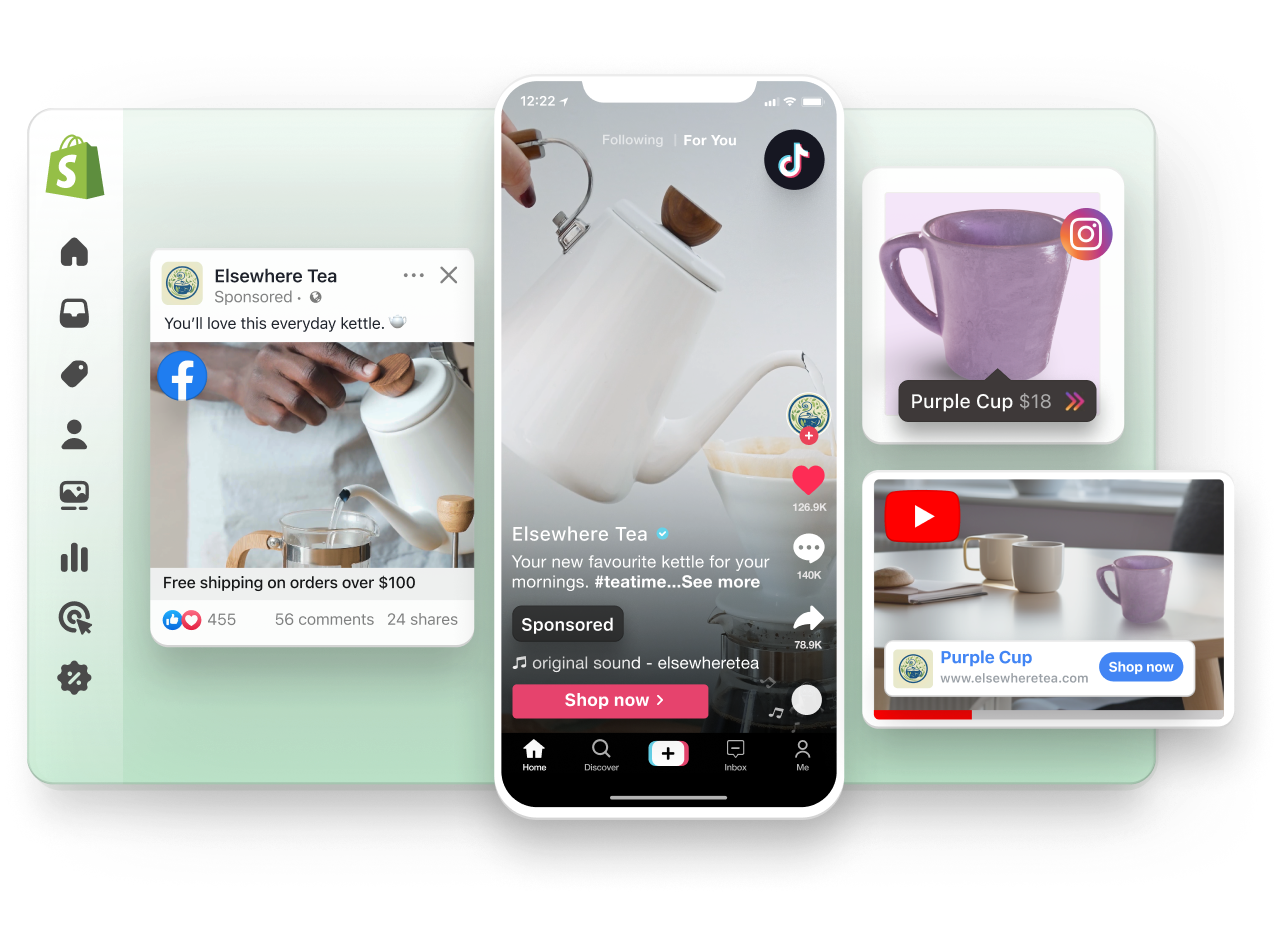 An abstract view window of the Shopify Admin. Overlayed over the left side of the window is a Facebook sponsored ad and a TikTok sponsored video, both featuring a white teapot for sale. Overlayed on the right side is a sponsored YouTube video and an Instagram post with a product tag, both promoting a spotted cup.