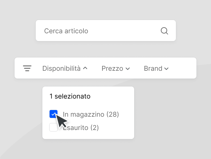 Interfaccia di ricerca e filtri di Shopify