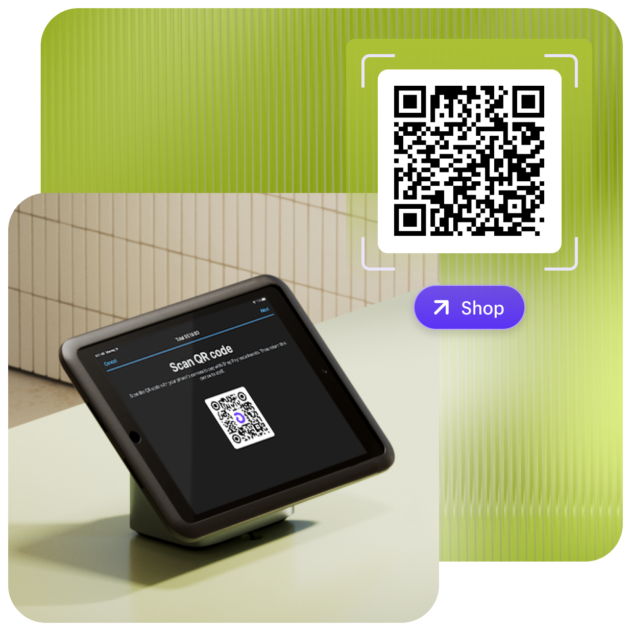 A QR code in Shopify POS is shown on an iPad directing in-store customers to scan with their own device in order pay with Shop Pay Installments in person.