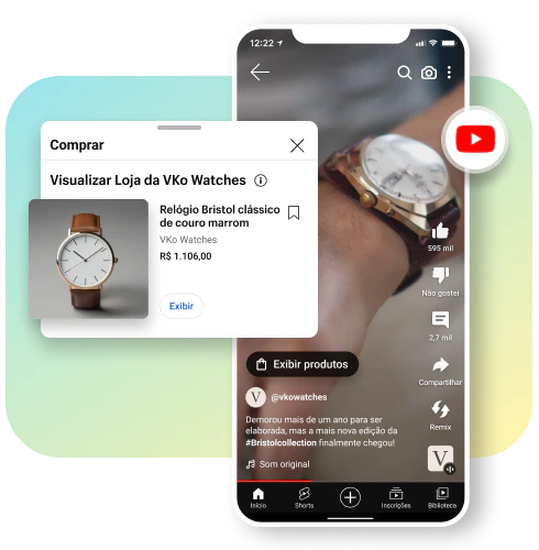 Um vídeo em close-up no YouTube Shorts mostrando um homem usando um relógio marrom no pulso. Um bloco de produtos que apresenta um relógio marrom à venda sobreposto à janela do vídeo.