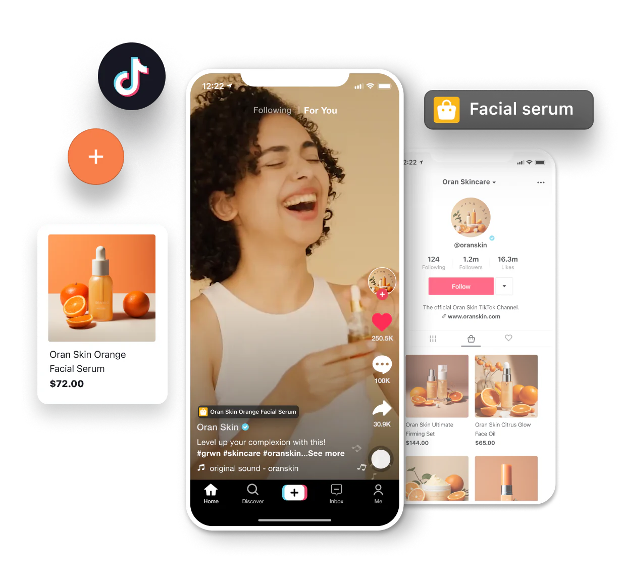 A young female smiling while applying a facial serum in a TikTok video. An interface showing beauty products for sale in a TikTok Shop for a skincare brand.