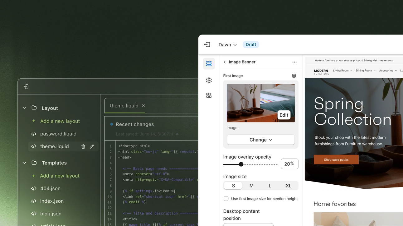 Image of a Shopify theme storefront in front of the theme editor tool