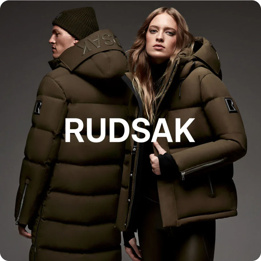 Two people model puffy jackets with the RUDSAK logo over the image.