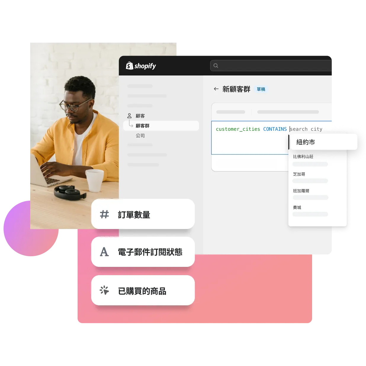 Shopify 管理介面中的顧客分群區段顯示地點、訂單數量、電子郵件訂閱狀態及購買的商品等不同的顧客分群篩選條件。一名身穿黃色襯衫的非裔美國商家，正使用筆記型電腦有效率地工作。