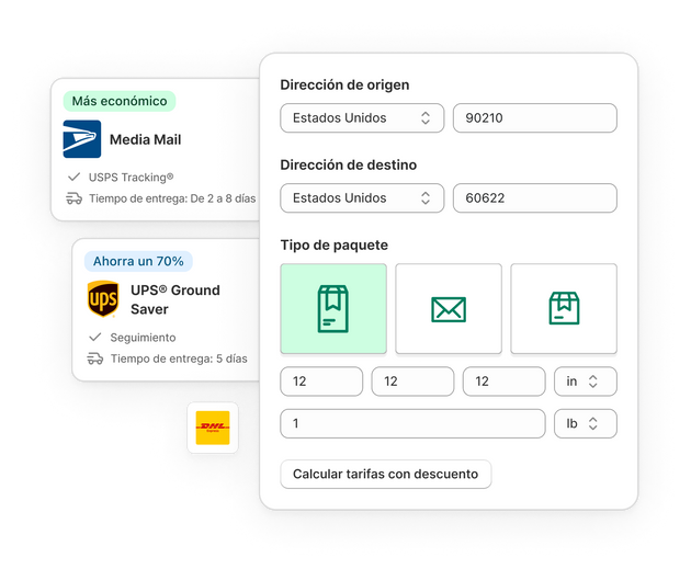Logos de empresas de transporte junto a un ejemplo de formulario de ingreso de datos de Shopify para calcular tarifas de envío con descuento.