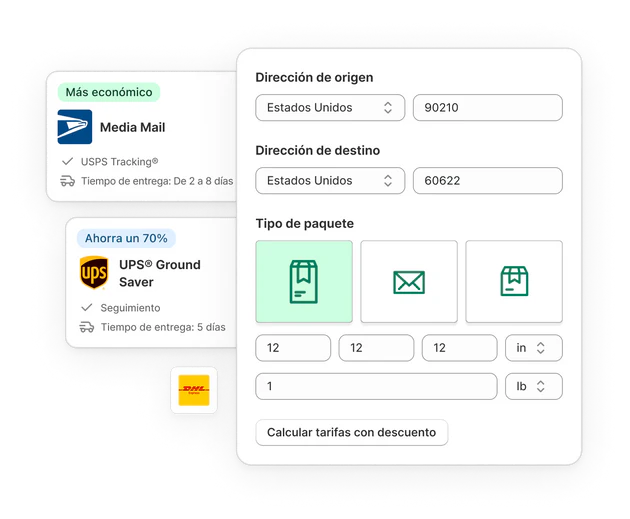 Ilustración de la calculadora de Shopify Shipping con un botón que dice "Calcula las tarifas con descuento". En primer plano hay un paquete sellado con el logo de Shopify.