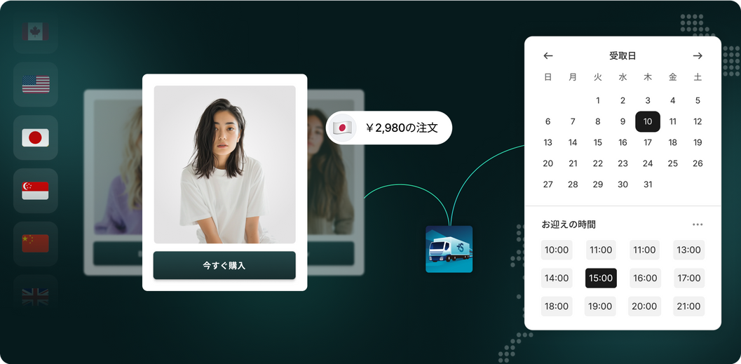 [今すぐ購入] ボタンがさまざまな言語に切り替わったり、発送日を選択するカレンダーが表示されたりするなど、国際販売を示すイラスト