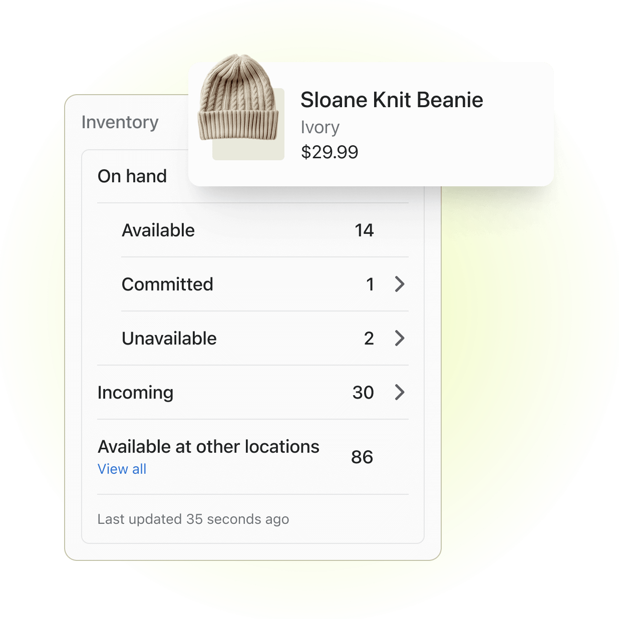 A small snapshot of the Shopify Point of Sale channel from the admin showcasing inventory levels of a product at different locations.