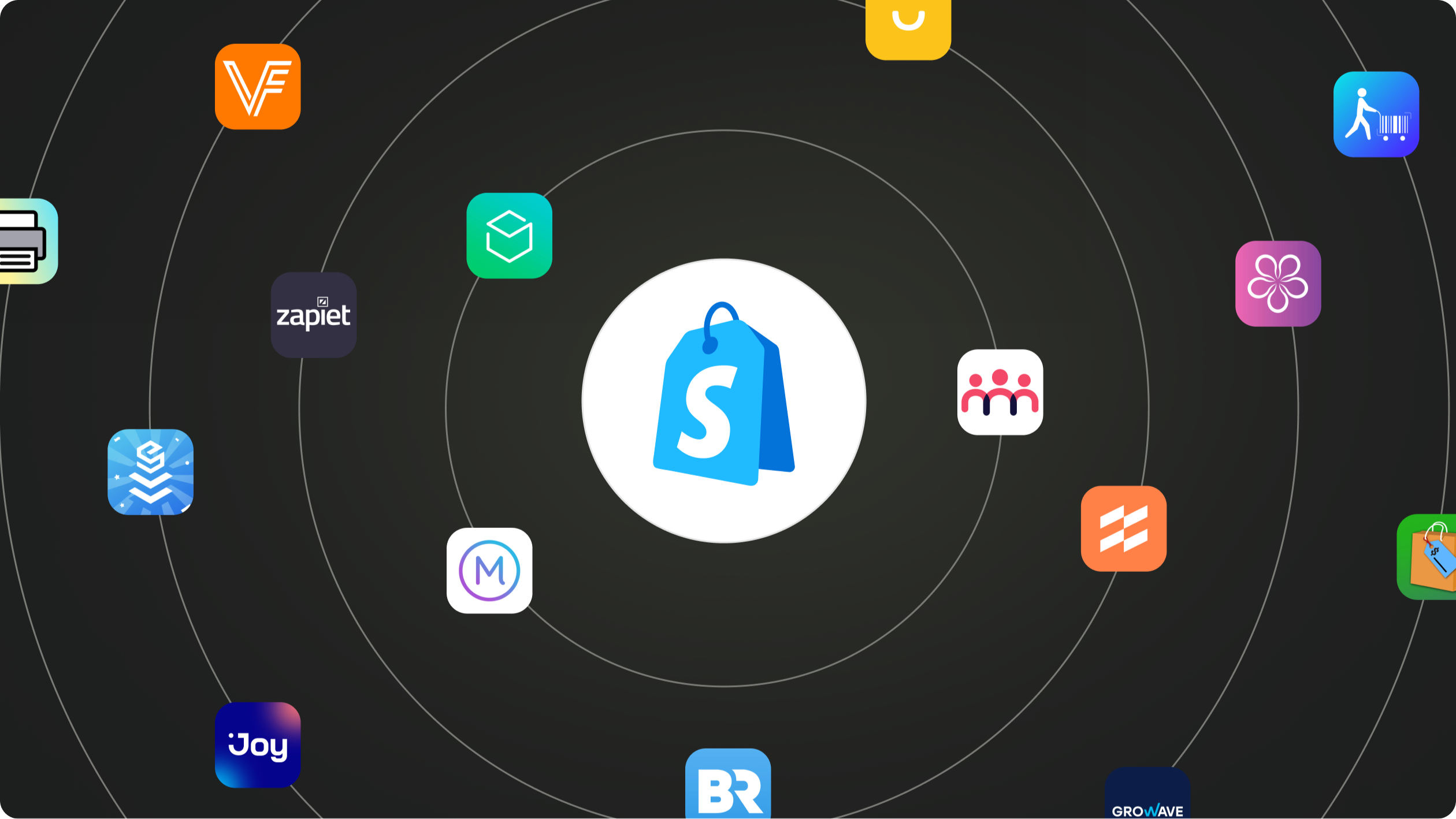 A collection of app and UI extensions icons. In the middle is the Shopify POS logo; around the logo are icons for popular apps: EasyTeam, Filljoy, Zapiet, Optizio, Stocky, Order Printer, Smile, Better Reports, Marsello, and Endear.