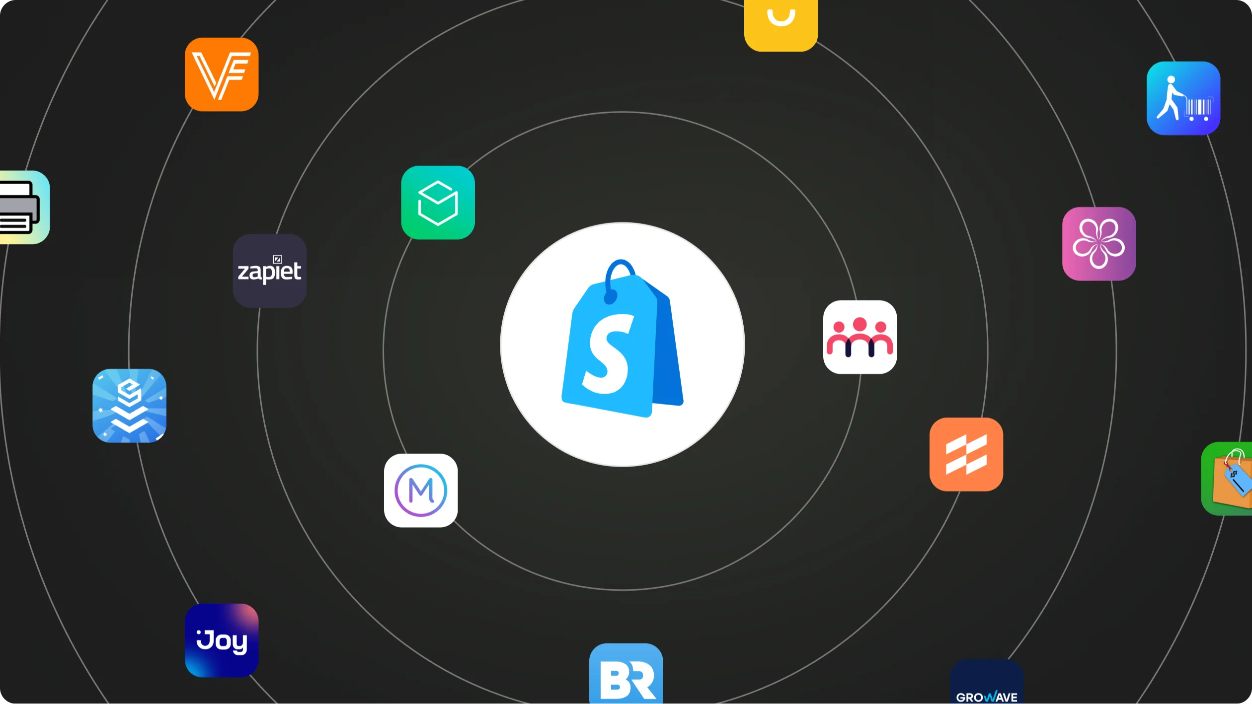 Eine Zusammenstellung von App- und UI-Erweiterungs-Symbolen. In der Mitte ist das Shopify POS-Logo zu sehen. Um das Logo herum befinden sich Symbole für beliebte Apps: EasyTeam, Filljoy, Zapiet, Optizio, Stocky, Order Printer, Smile, Better Reports, Marsello und Endear.