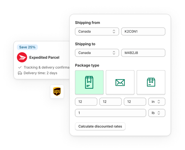 Canada Post logo beside an example of a Shopify data entry form to calculate discounted shipping rates.