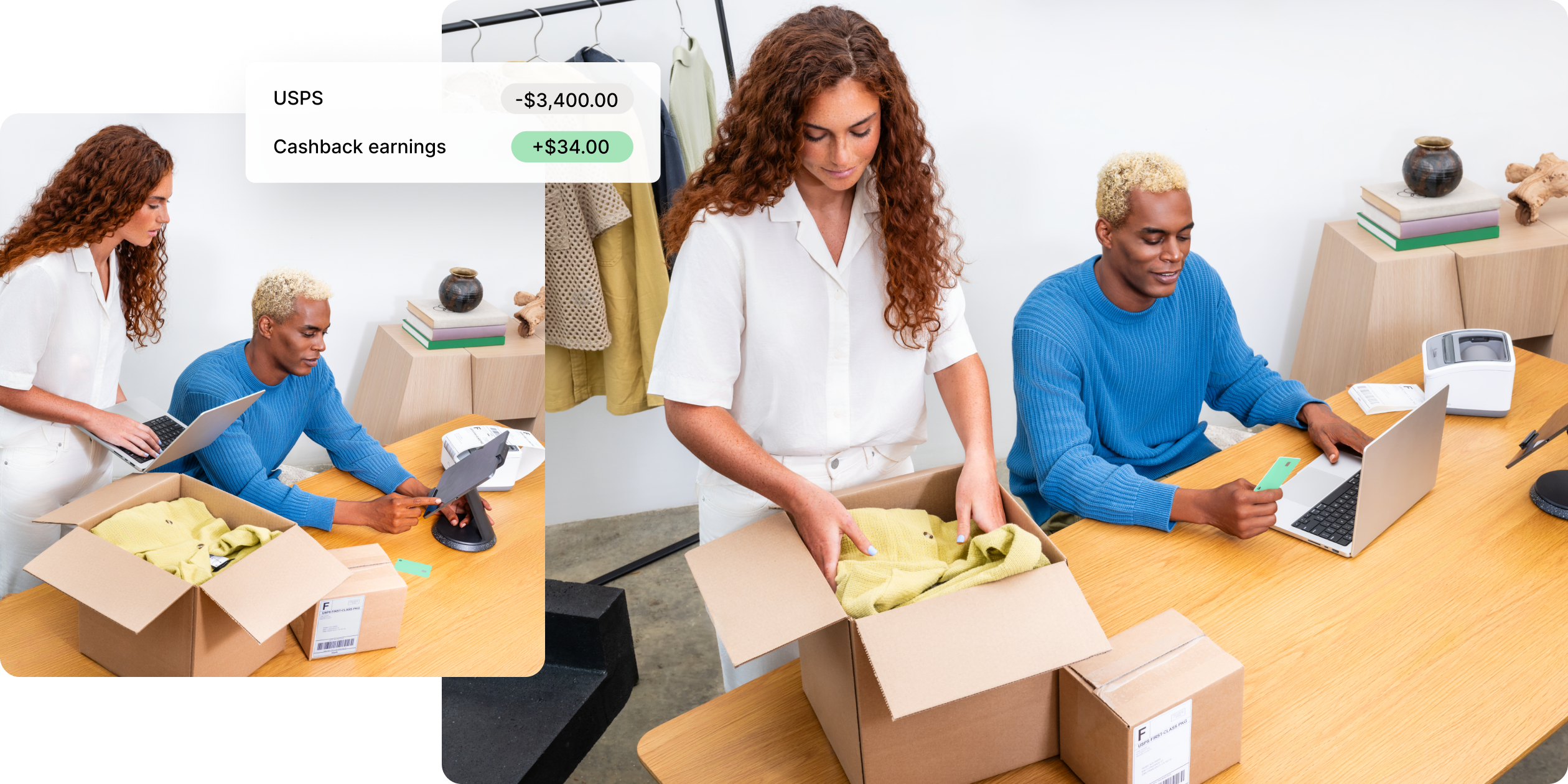 A red-headed Caucasian woman and her Black male partner work on packaging and fulfilling online orders