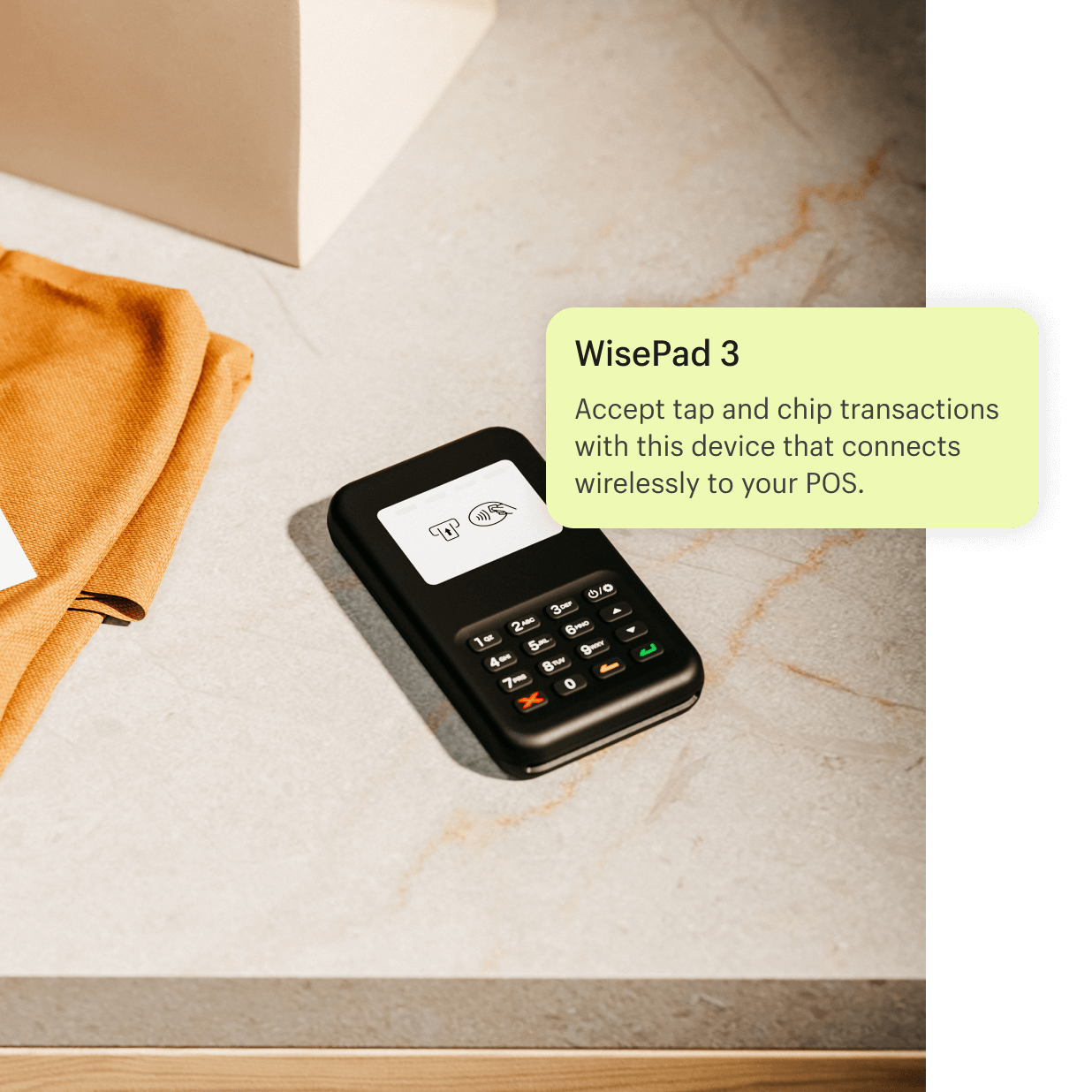 An image of the WisePad 3 device placed on a counter after completing a transaction with a customer. WisePad 3 accepts tap and chip transactions with this device that connects wirelessly to your POS.