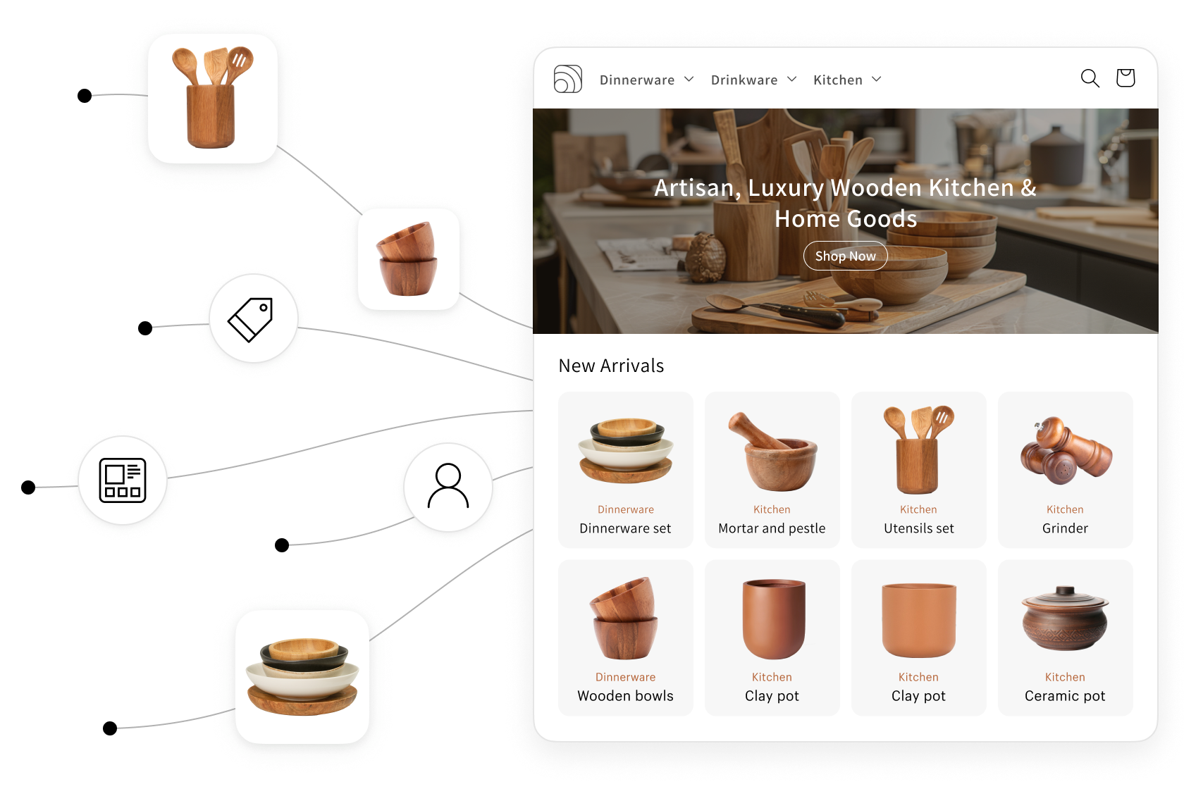 Image collage showing products getting imported into a website for a luxury wooden home goods brand