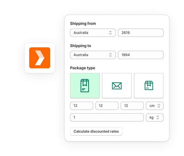 Sendle carrier logo beside an example of a Shopify data entry form to calculate discounted shipping rates