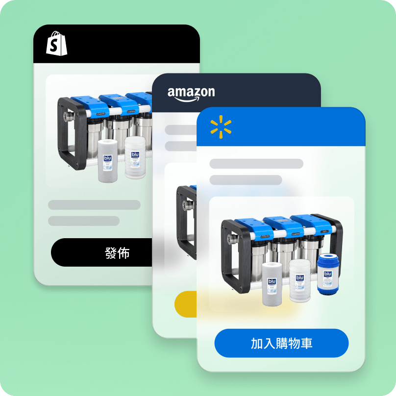 分層顯示的 Blu Technology 行動裝置檢視畫面，使用 Shopify Marketplace Connect 在 Amazon Marketplace 和 Walmart Marketplace 上刊登商品。