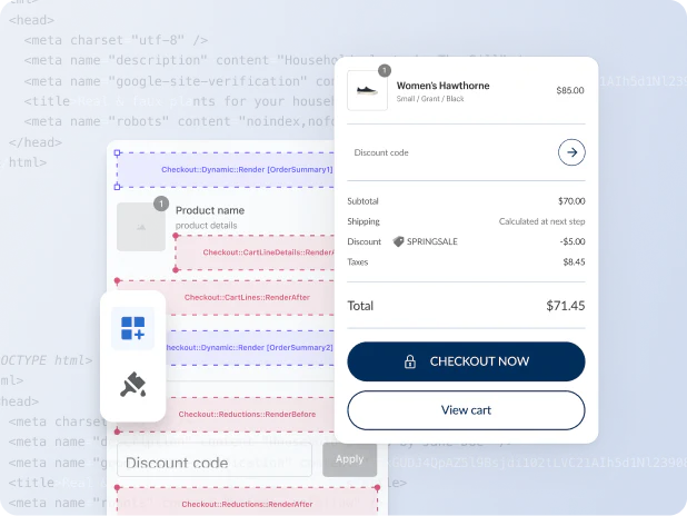 Ein Checkout-Bildschirm auf einem Mobilgerät und ein Drag-&-Drop-Theme-Editor mit Programmiercode im Hintergrund