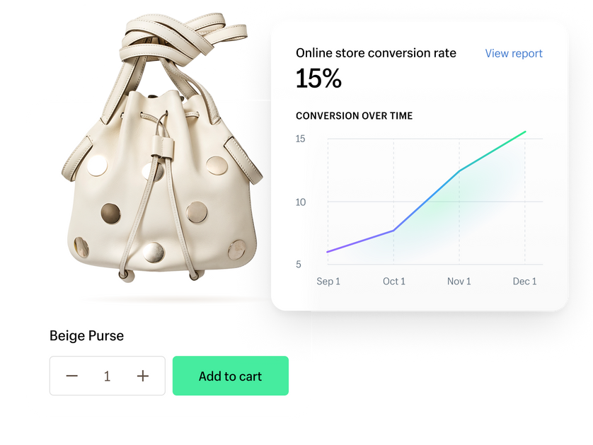 A white purse with silver patches inside a product website tile. To the right, we see a line graph showing a 15% online store conversion rate over time