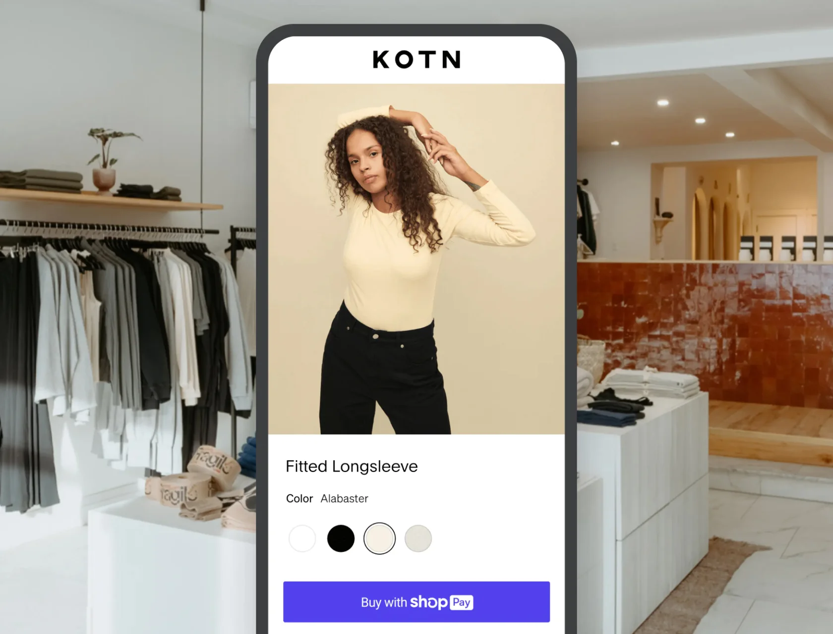 KOTN avec Shop Pay sur un appareil mobile