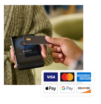 A customer makes a payment by tapping their credit card on POS Go. Above the image appear the logos for the following accepted payment types: VISA, MasterCard, Discover, Apple Pay, Google Pay, and American Express.