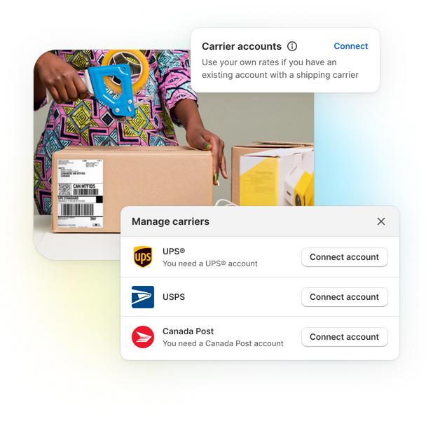 Woman taping up shipping box with clear image of a shipping label facing camera, with graphic on how to choose carrier accounts