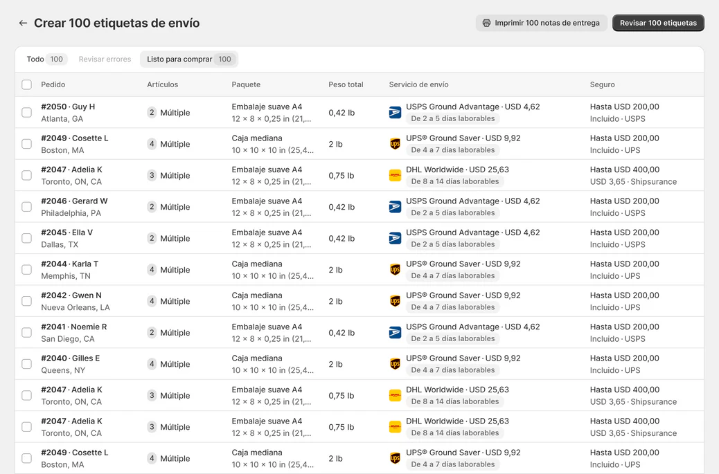 Ejemplo de página web para crear una etiqueta de envío