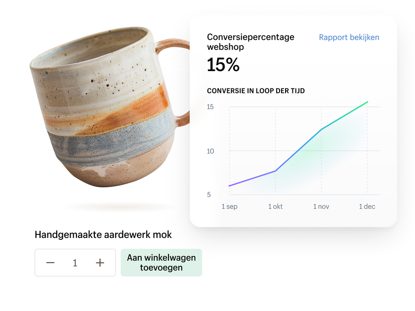 Een bruine designersneaker in een productwebsitetegel. Rechts zien we een lijngrafiek die in de loop van de tijd een conversiepercentage van 15% in de webshop laat zien.