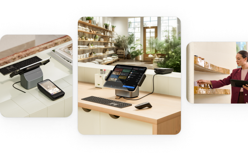 Trois images montrent des expériences en boutique avec un Shopify PDV, y compris le retrait en magasin, le paiement sans contact et le paiement avec PIN.