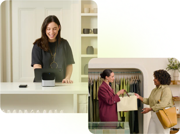 At the checkout counter, a customer pays for an item using Shopify’s POS Terminal. A sales associate hands the purchase to the customer.