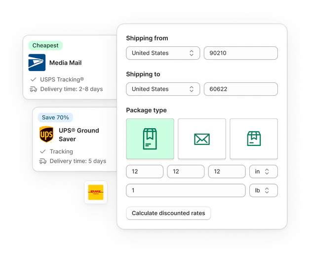 Shopify Shipping calculator illustration with a “Calculate discounted rates” button. A sealed package with Shopify logo in the foreground.