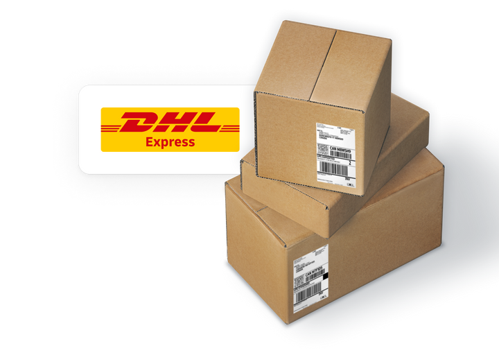 Logo de DHL Express con tres cajas de envío.