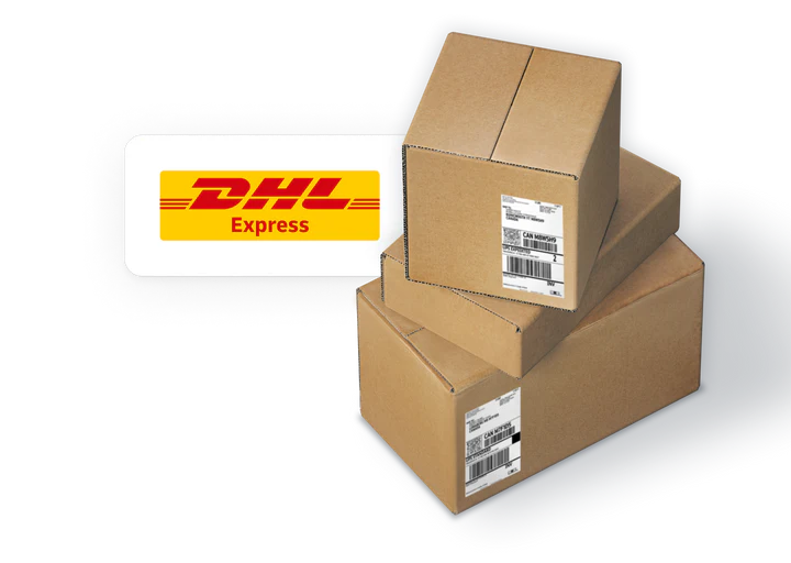 Logo de DHL Express con tres cajas de envío.